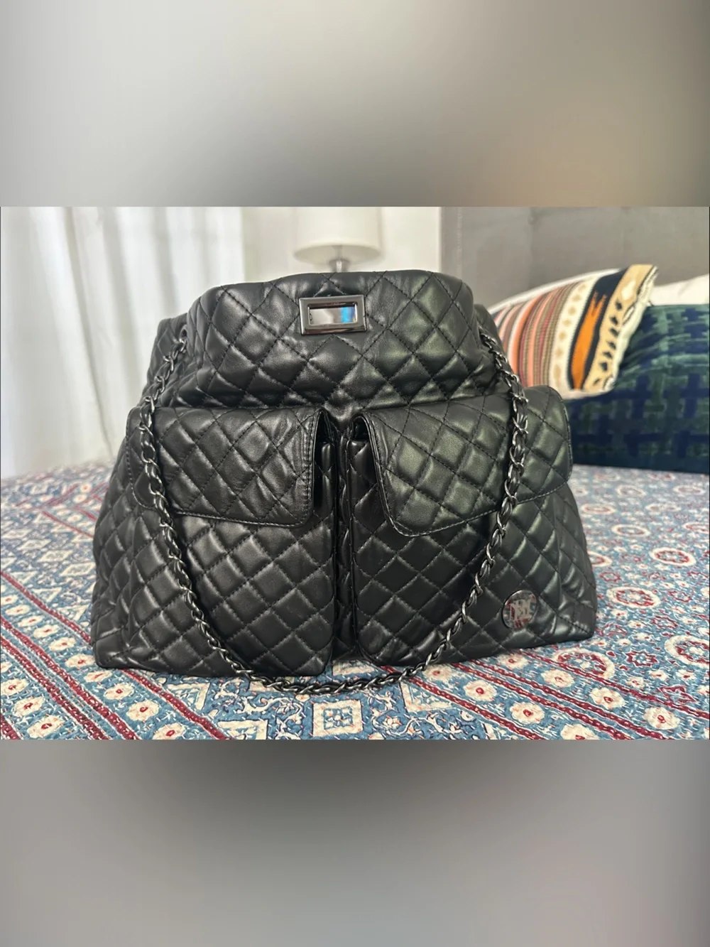 Badgley Mischka Black Quilted Chain-Handle Backpack